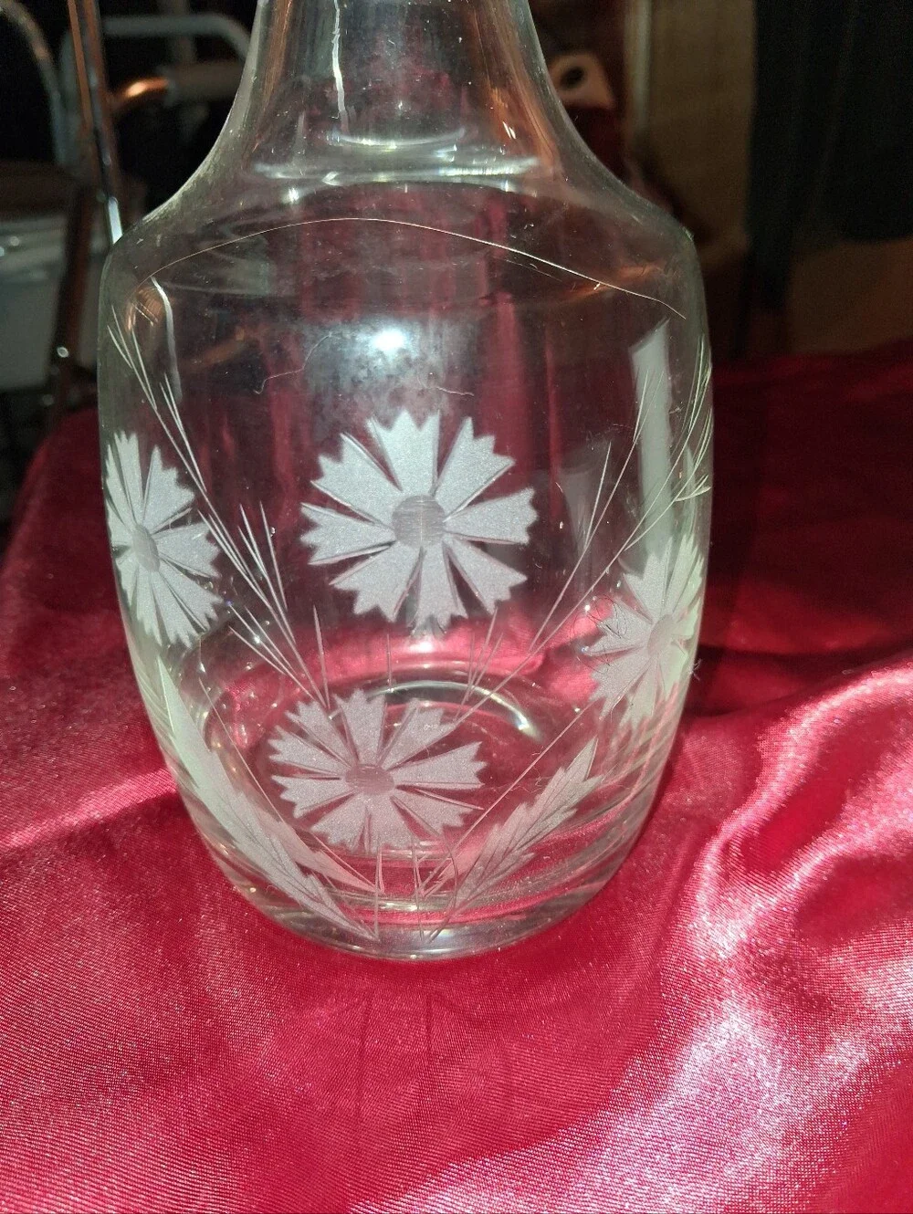 Clear Etched Glass Decanter with Stopper - White/Clear Flowers